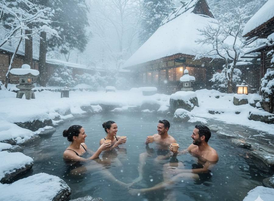 Onsen au Japon — bain thermaux sous la neige