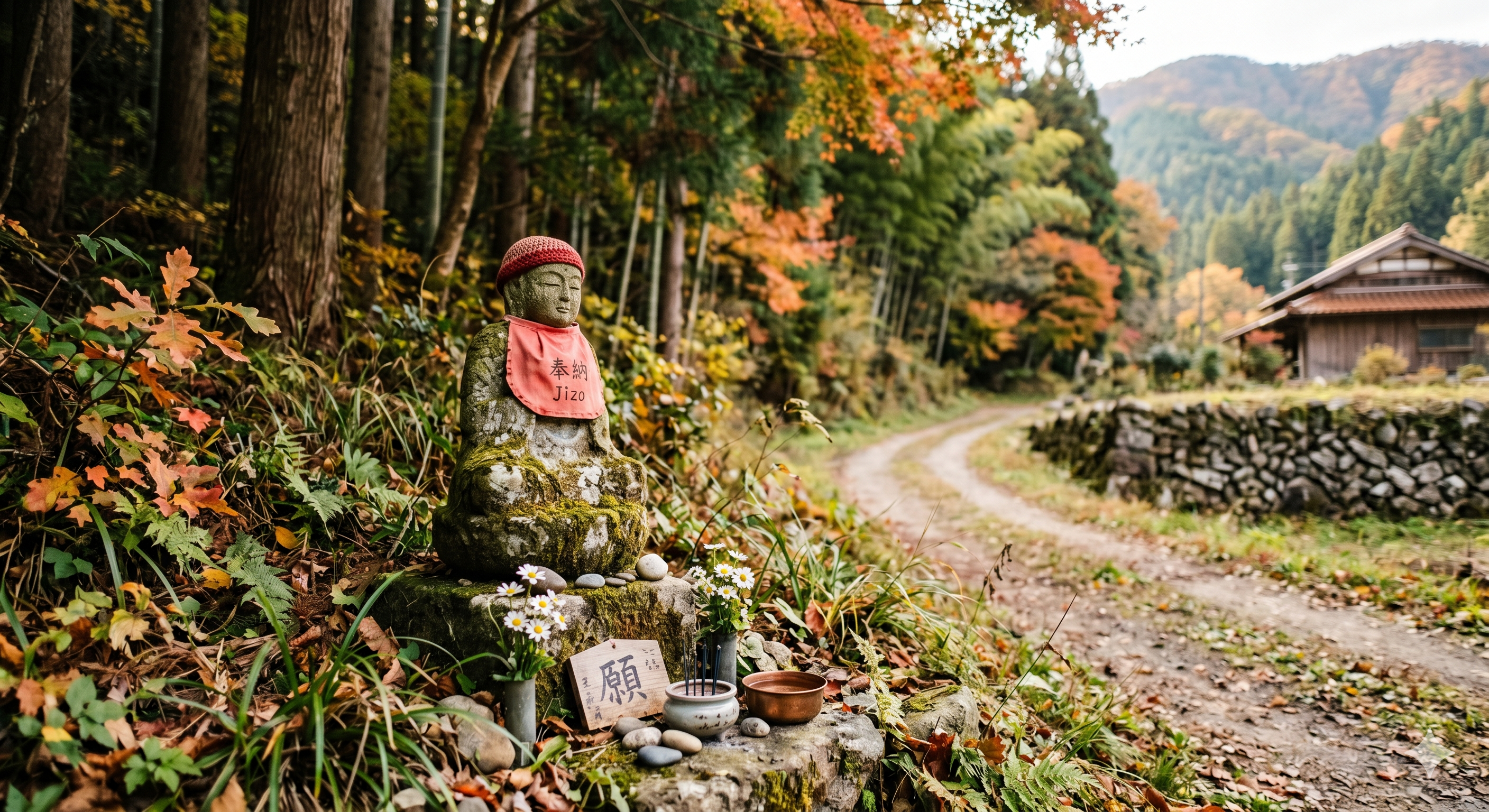Statue de Jizo dans une forêt japonaise en automne